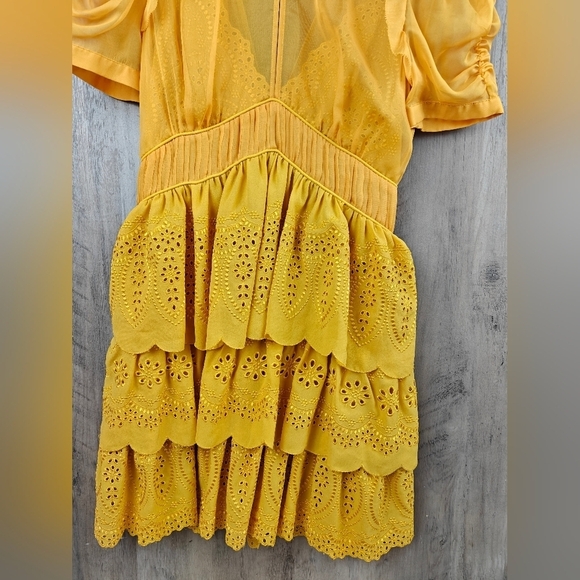 Self-Portrait NWOT Embroidered Chiffon Tiered Mini Dress In Gold Yellow Size 4 - Picture 12 of 16